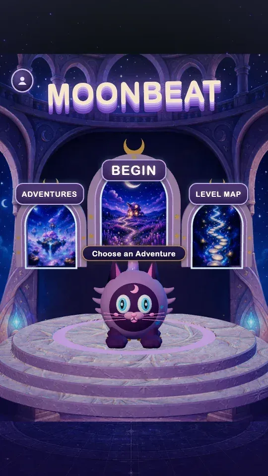 MoonBeat home screen with Moon the cat in front of the moon