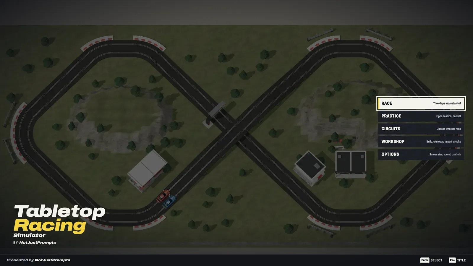 The main menu over a figure-eight track seen from above