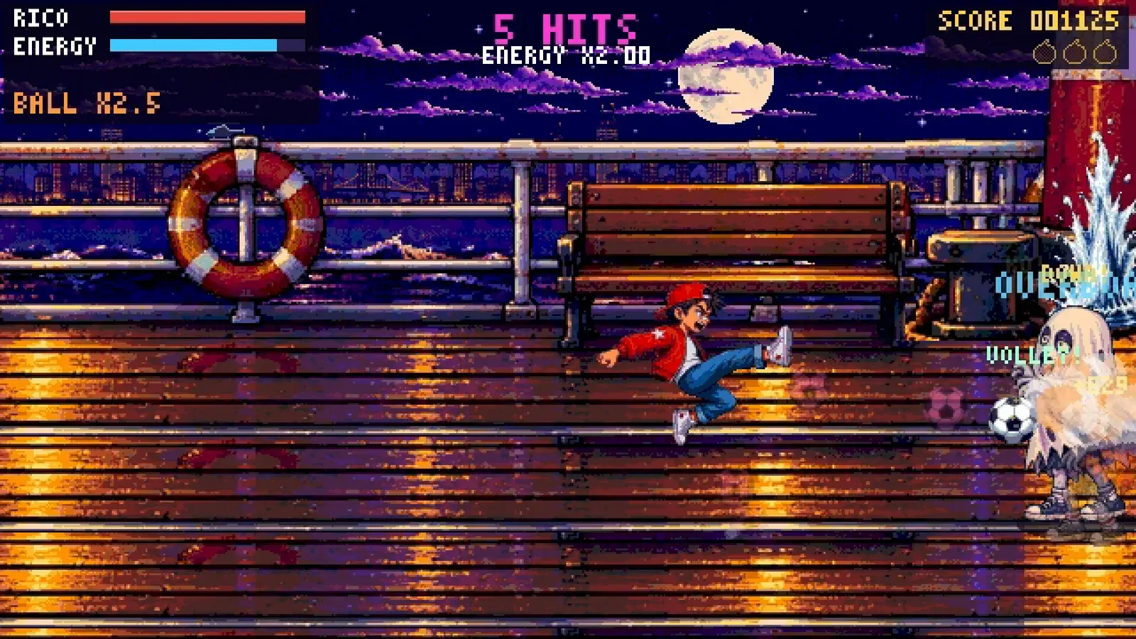 Rico kicks zombies off a ferry deck at night