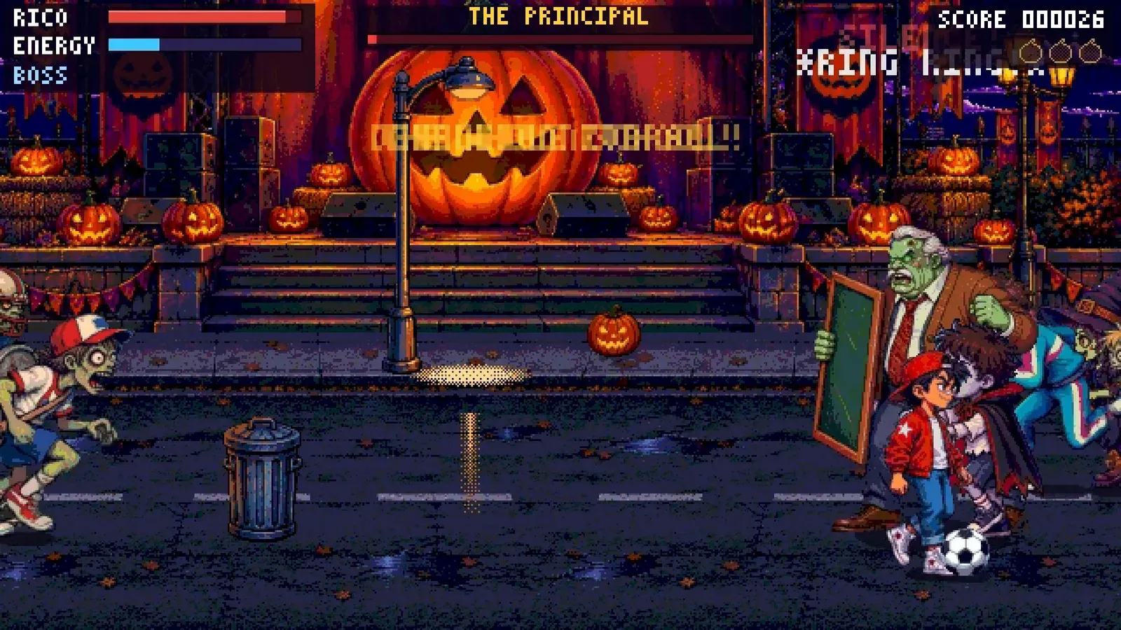 The giant Principal looms over Rico in a street full of pumpkins