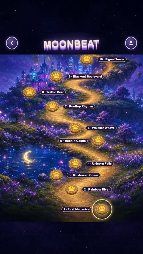 The level map, a glowing path through Moonmeadow