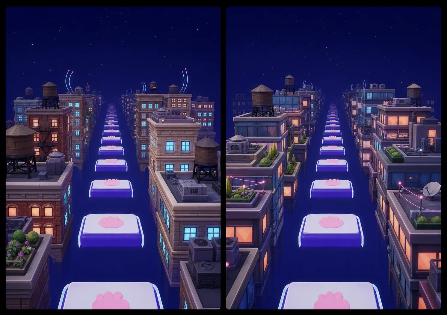 Concept art for Neon Purr City, a rooftop path of glowing pads