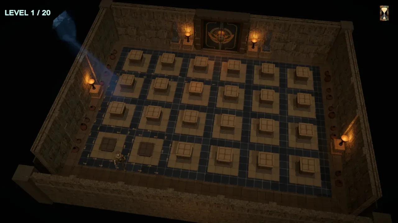 The explorer leaves footprints around a stone column in a torch-lit tomb