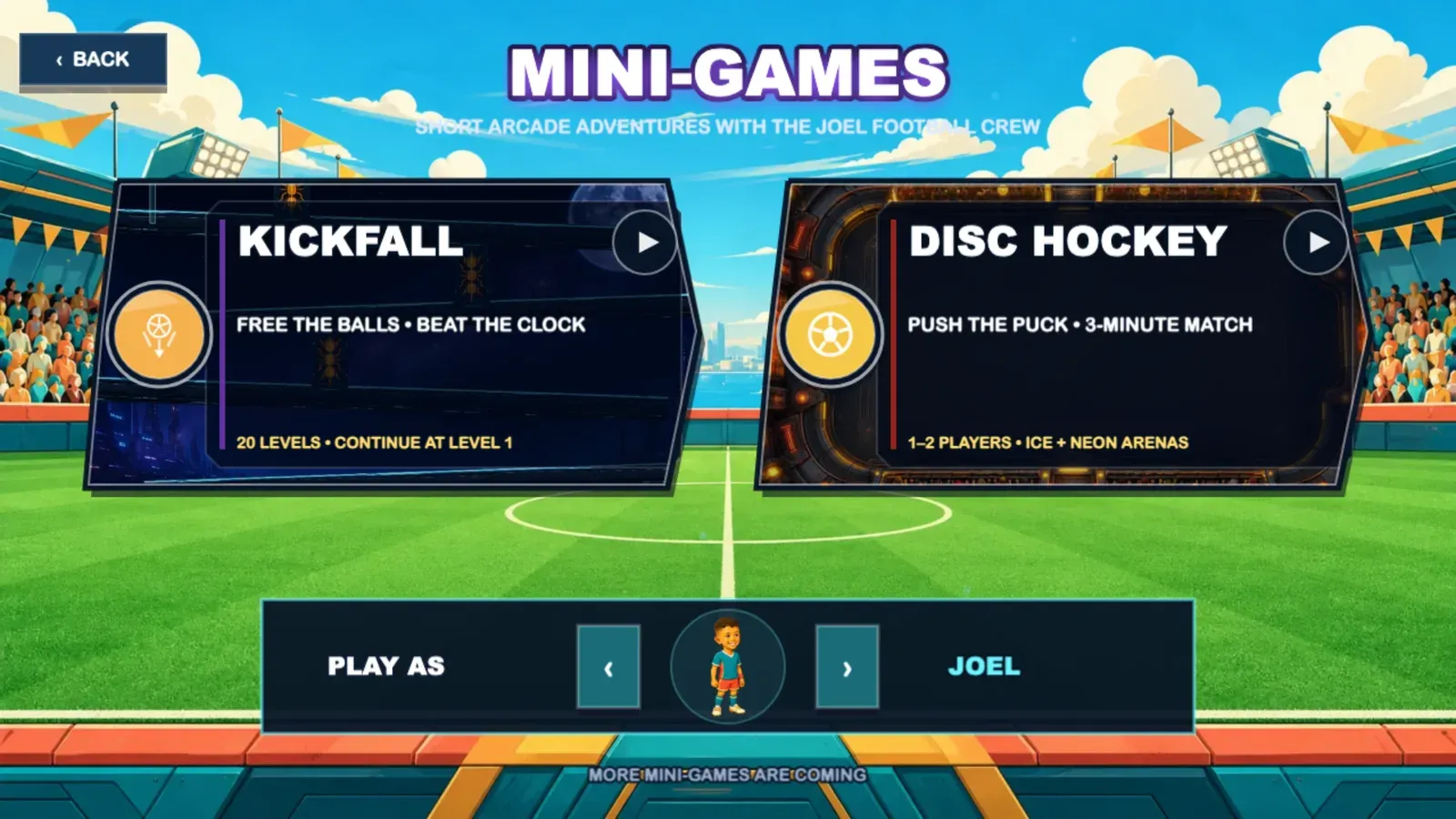 The mini-games menu with Kickfall and Disc Hockey