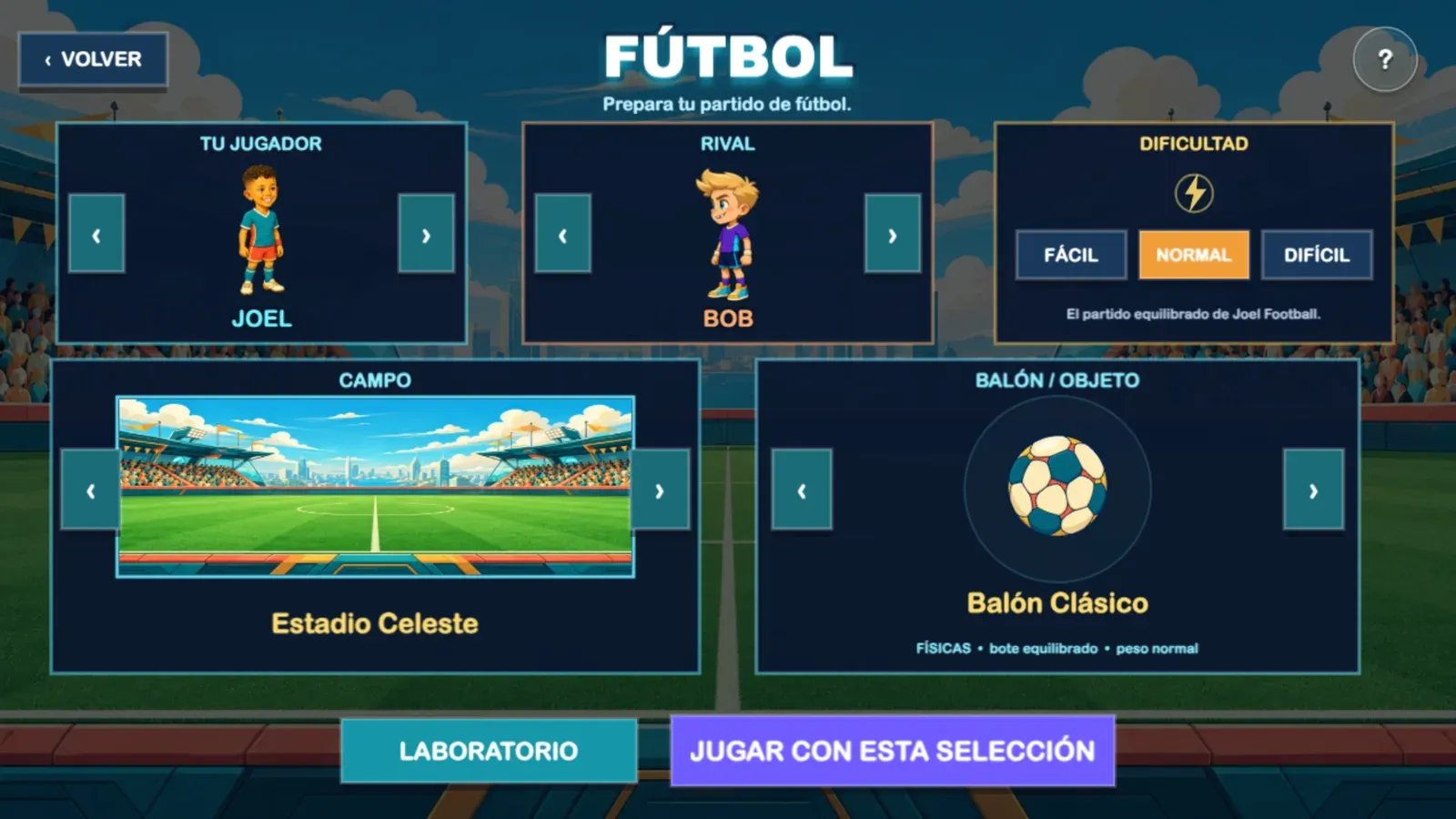 Preparar partido: jugador, rival, campo, balón y dificultad