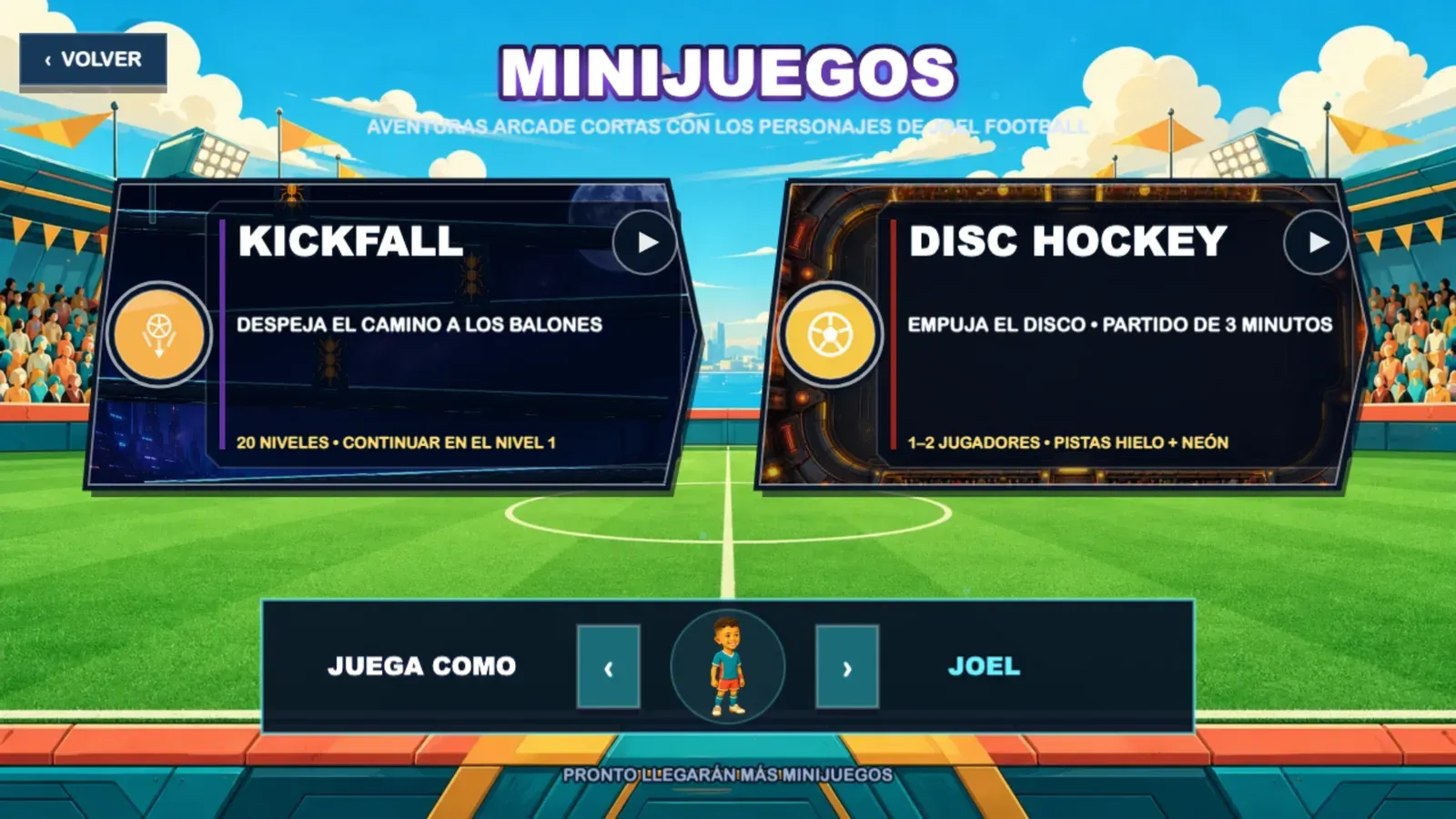Menú de minijuegos con Kickfall y Disc Hockey