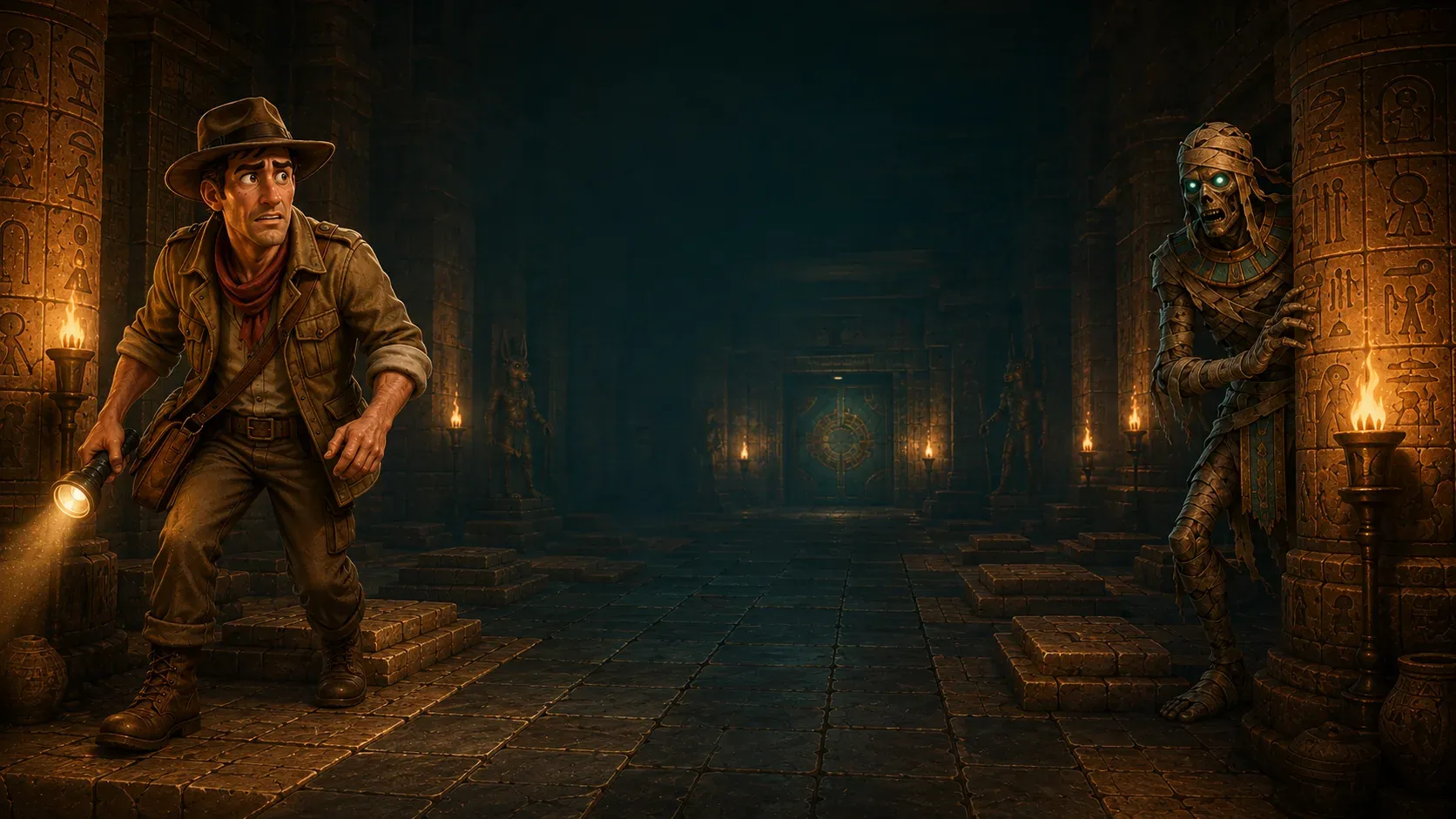 The explorer and a mummy in a torch-lit tomb from Mummy Scape